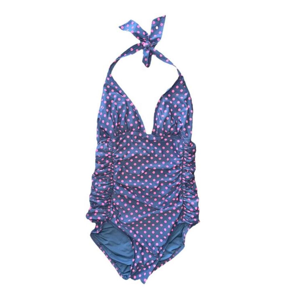 Dkny Women’s Polka Dot Swimsuit Sz 14 Halter Ruched Sides Padding Grey Purple